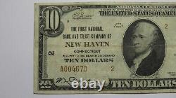 10 $ 1929 New Haven Connecticut Ct Monnaie Nationale Banque Note Bill Ch. #2 Vf+