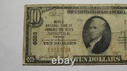 10 $ 1929 Norfolk Virginia Va Monnaie Nationale Banque Note Bill Charte #6032 Rare
