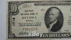 10 $ 1929 Ottawa Kansas Ks Banque Nationale Monnaie Note Bill! Ch. # 1718 Vf ++! Rare