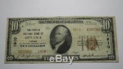 10 $ 1929 Ottawa Kansas Ks Banque Nationale Monnaie Note Bill! Ch. # 1910 Vf! Rare