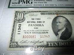 10 $ 1929 Pandora Ohio Oh Banque De La Monnaie Nationale Note Bill Ch. # 11343 Vf Pmg