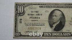 $10 1929 Peoria Illinois IL Monnaie Nationale Banque Bill Charte #176 Rare