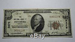 10 $ 1929 Pittsburg Kansas Ks Banque Nationale Monnaie Note Bill Ch. # 3475 Vf +