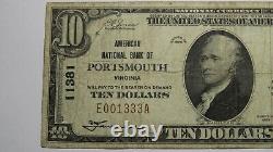 10 1929 Portsmouth Virginia Va Monnaie Nationale Banque Note Bill Ch. #11381 Fine