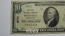$10 1929 Ritzville Washington Wa National Currency Bank Note Bill Ch. #5751 Rare