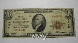 10 $ 1929 Rock Rapids Iowa Ia National Currency Bank Note Bill Ch. #3153 Fine
