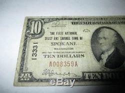 10 $ 1929 Spokane Washington Wa Monnaie De Banque Nationale Note De Loi # 13331 Fine Rare