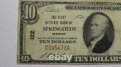 10 1929 Springfield Vermont Vt Monnaie Nationale Note Banque Bill Ch. #122 Fine+