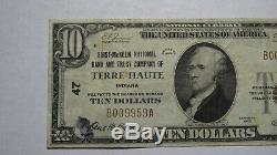 10 $ 1929 Terre Haute Indiana Banque Nationale Monnaie Note Bill! Ch. # 47 Rare