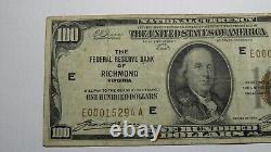 100 $ 1929 Richmond Virginia Va Monnaie Nationale Banque Note Bill! Réserve Fédérale