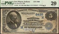 1882 $5 Date Retour Hamilton National Bank Note Fort Wayne Indiana Devise Pmg 20