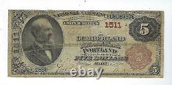1885 Portland Maine 5 $ Banque Nationale Cumberland Devise Ch#1511 Vg