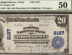 1902 $ 20 Dollar Banque Nationale De L'indépendance Iowa Note Grande Monnaie Pmg Au 50