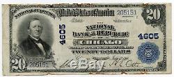 1902 20 $ Monnaie Nationale Note 4605 Republic Bank Chicago Grande Taille Aq606