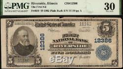 1902 5 $ Dollar Riverside IL Banque Nationale Note Grande Billet De L'argent Pmg 30