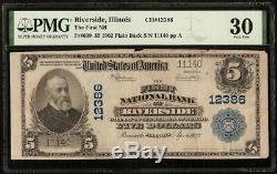 1902 5 $ Dollar Riverside IL Banque Nationale Note Grande Billet De L'argent Pmg 30