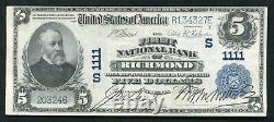 1902 $5 La Première Banque Nationale De Richmond, Va Monnaie Nationale Ch. #1111 Unc
