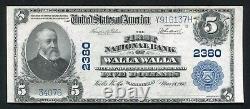 1902 $5 Première Banque Nationale De Walla Walla, Wa Monnaie Nationale Ch. 2380 Au