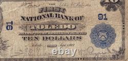 1902 Billet de 10 $ de la première banque nationale de Toledo, Ohio, en circulation en bon état.