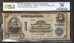1902 Billet de banque de la First National Bank de 5 dollars, Jerome, Pennsylvanie, Pcgs B Vf 20