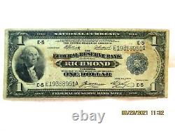 1918 $1 Federal Reserve Bank Note Richmond Fr 715 Monnaie Nationale