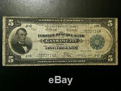 1918 $ 5 Dollar Kansas City F Réserve Fédérale Note Banque Nationale Frbn Devise