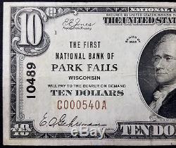 1929 10,00 $ Monnaie Nationale, Première Banque Nationale De Park Falls, Wisconsin