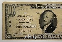 1929 10 $ Banque Nationale Monnaie 5131 De Union City Pennsylvania