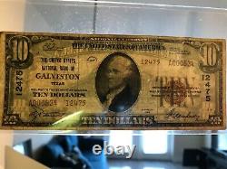 1929 $10 États-unis Nat. Bank Galveston Texas National Currency 12475 Type 2