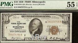 1929 $ 10 Minniapolis Brown Sceau Frbn Bank Note Monnaie Nationale 0money Pmg 55