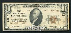 1929 10 $ Premier Banque Nationale À Beaver Falls, Pa Monnaie Nationale Ch # 14117
