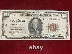 1929 $100 Bill National Currency Federal Reserve Bank Of Kansas City. Missouri J