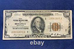 1929 $100 Federal Reserve Bank Of Minneapolis National Currency Free Ship États-unis