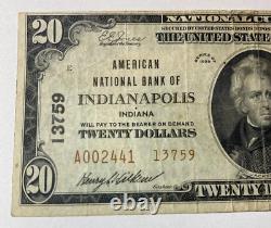 1929 $20 Billets de banque nationaux Banque nationale américaine d'Indianapolis, Indiana
