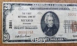 1929 20 $ Première Note De La Monnaie Nationale Du Missouri De La Banque Nationale Du Mexique