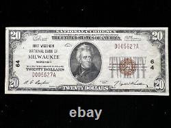 1929 20 $ Vingt Dollars Milwaukee Wi Note De La Banque Nationale Devise (ch. 64)