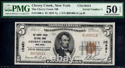 1929 $5 Banque Nationale Cherry Creek, New York CH# 10481 PMG 50EPQ numéro de série 1
