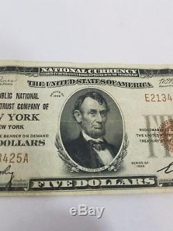 1929 5 $ Banque Nationale Note, New York, Devise Rare, Cinq, Série, Original, Facture