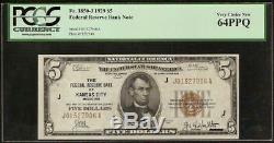 1929 5 $ Dollar Bill Bank Kansas Réserve Fédérale Note Monnaie Nationale Gpc 64