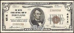 1929 $ 5 Dollar Bill États-unis National Bank Note Portland Oregon Devise