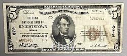 1929 5 $ La première banque nationale de Knightstown, Indiana Monnaie nationale Ch#872