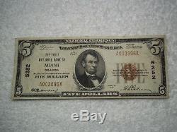 1929 5 $ Miami Oklahoma Ok Monnaie Nationale T1 # 5252 1re Banque Nationale De Miami