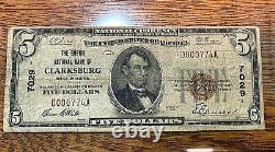 1929 $5 Monnaie Nationale Banque De Clarksburg, Wv T. 1 Très Faible Numéro De Série Chn