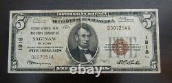 1929 5 $ Monnaie Nationale Deuxième Natl Bank & Trust Co. De Saginaw MI 1918