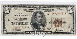1929 $5 San Francisco Ca Federal Reserve Bank Note Brown National Currency Key