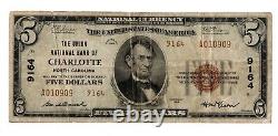 1929 $5 The Union National Bank Of Charlotte, Monnaie Nationale De Caroline Du Nord