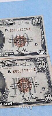 1929 50 & 100 Dollars New York N. Y Monnaie Nationale Billets Banque De Réserve Fédérale