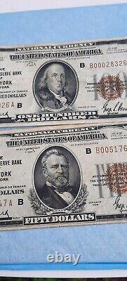 1929 50 & 100 Dollars New York N. Y Monnaie Nationale Billets Banque De Réserve Fédérale