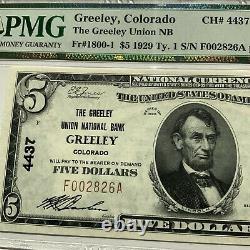 1929 $ Colorado National 5 Monnaie Greeley Union Banque Nationale Pmg 65