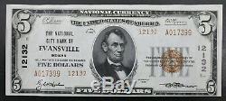 1929 Etats-unis $ 5 Cinq Dollars Banque Nationale Devise Ville Remarque Evansville Indiana